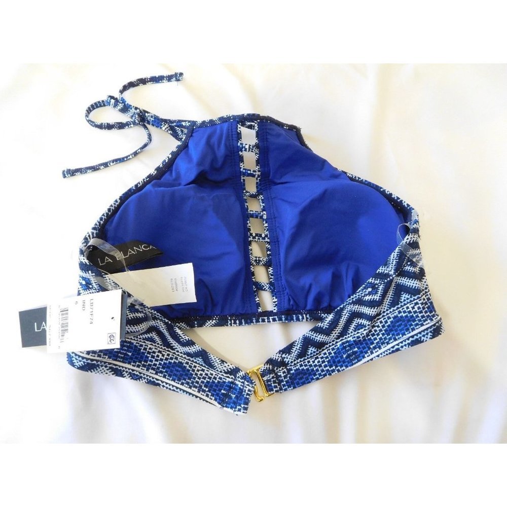 La Blanca Bikini Size 10 Top Indigo White Swimwear New High Neck  MenWomenStyles - Picture 11 of 12